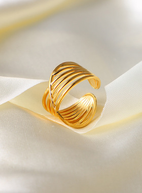 欧美INS网红同款多层交叉线条开口戒钛钢金属指环18K不锈钢戒指女