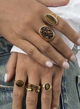 欧美不锈钢虎眼石戒指高级感天然石指环钛钢手饰品rings