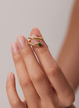 INS新款18K镀金不锈钢蛇戒指首饰魅力孔雀石眼镜蛇开口戒指指环女