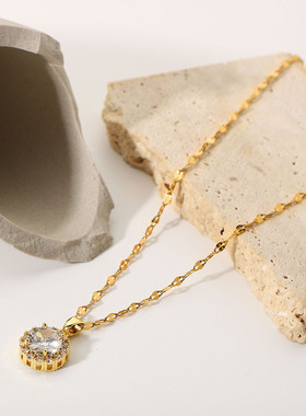 欧美INS网红18K不锈钢链微镶锆石包边白色透明圆形锆石吊坠项链女