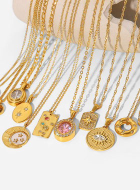 欧美网红同款INS风18K金不锈钢项链复古天然石吊坠项饰锆石项链女