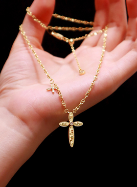 复古经典碎碎冰金色十字架项链