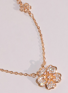 JILIFANG 高保色复古精致法式玫瑰金超闪镶钻双花吊坠项链锁骨链