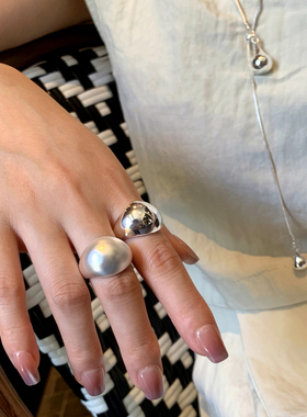 JILIFANG 极简冷淡风宽面亮银色亚光拉丝磨砂开口可调节戒指指环