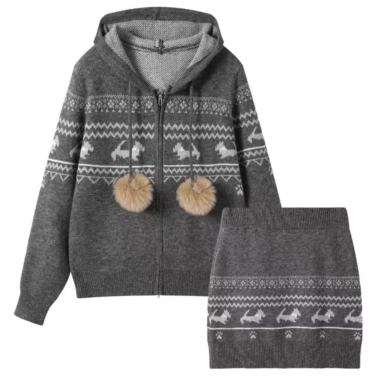 【蜜蜂欢乐社】二茵ERYIN费尔岛连帽套装+围巾提花针织开衫套装,淘宝优惠券,粉丝福利购,淘宝优惠卷