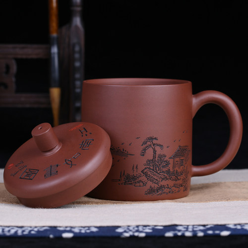 山水盖杯 高工杨礼达 宜兴紫砂杯原矿底槽青精致刻绘收藏证书保真 - 图0