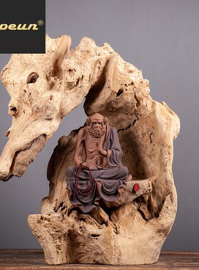 ATPEUN高档高端紫砂达摩祖师人物雕塑陶瓷佛像风化木中式家居禅