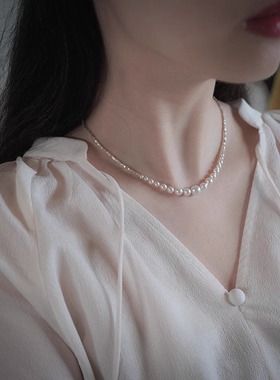 s925纯银碎银子仿珍珠项链女颈链