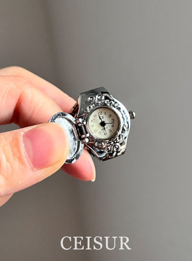 复古蓝色滴油花朵表盘戒指高级感