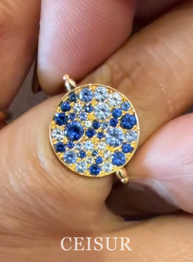 蓝色闪钻圆牌可转动戒指复古文艺