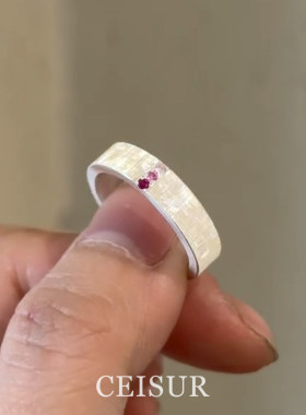 vintage银色拉丝渐变粉钻戒指女