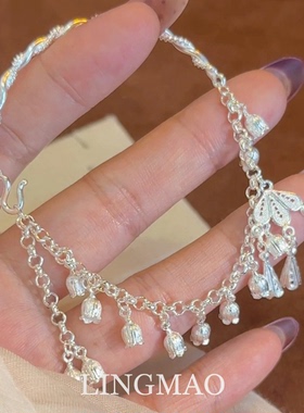 银色麻花半镯铃兰花手链独特漂亮