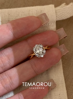 中古爆闪几何仿锆石鸽子蛋戒指女