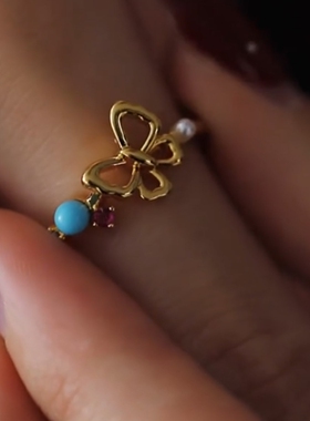 中古风金色蝴蝶仿绿松石戒指小众