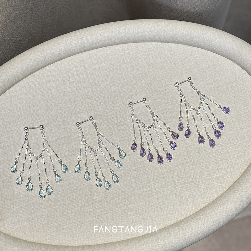 S925纯银彩色水滴锆石流苏耳环精致轻奢小众高级感灵动长款耳饰女,淘宝优惠券,粉丝福利购,淘宝优惠卷