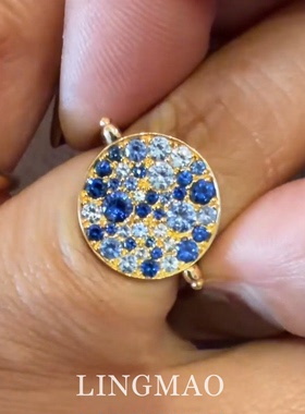 蓝色闪钻圆牌可转动戒指复古文艺