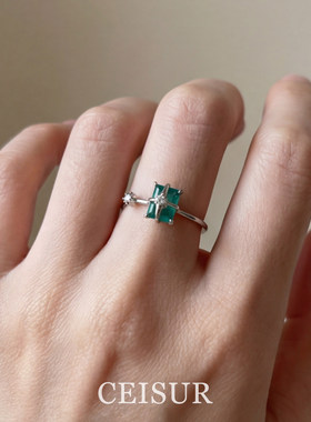 银色四芒星绿色方糖戒指小众轻奢