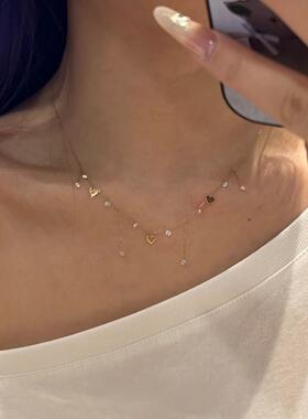 复古金色爆闪爱心流苏项链高级感