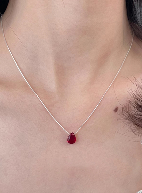 S925纯银朱砂红水滴吊坠项链高级