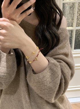 新中式金色锤纹葫芦钱币红色手绳