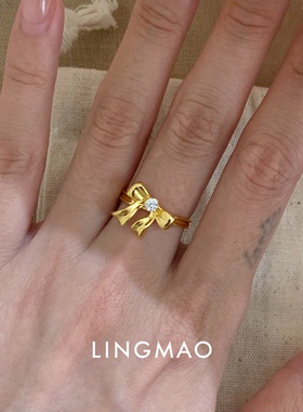 金色绑带蝴蝶结戒指轻奢小众时尚