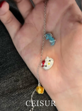 设计款kt猫贝壳海马手链女仿锆石
