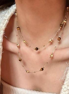 复古老钱风仿金珠虎眼石项链轻奢