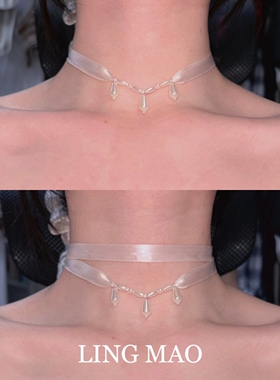 甜美粉色丝带仿珍珠水滴项链法式