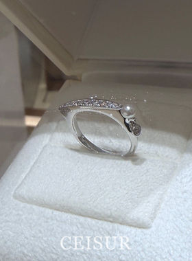 韩系简约闪钻一字仿珍珠戒指小众