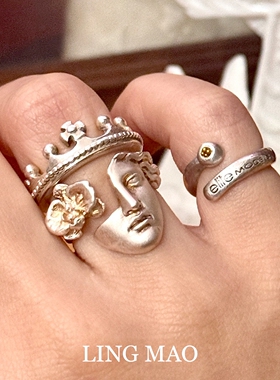 Vintage中古雕刻天使之面戒指女