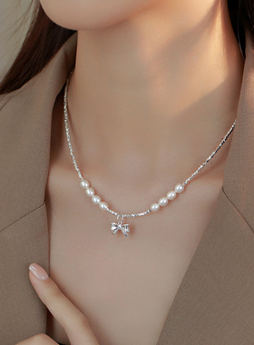 s925纯银碎银几两蝴蝶结珍珠项链