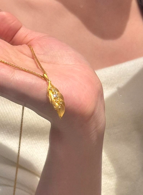 新中式金色拉丝叶片蛇骨项链纯银