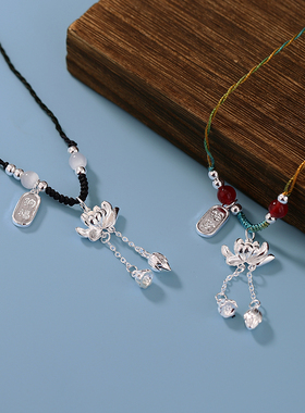 s925纯银莲花项链女新中式毛衣链