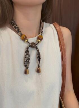 复古美拉德豹纹串珠丝巾项链时尚