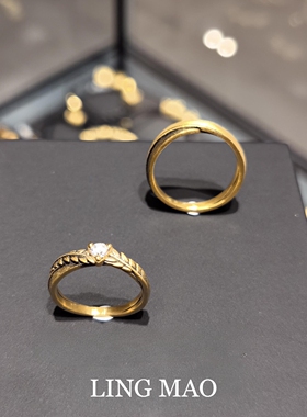 复古金色拉丝麦穗闪钻戒指高级感