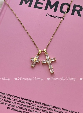 S925纯银超闪方钻十字架项链美式