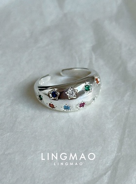 彩色星星闪钻椭圆光圈戒指高级感