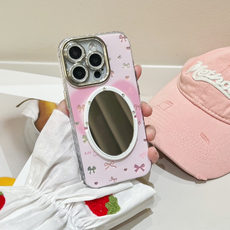 可爱少女kt猫锡纸适用16苹果17promax手机壳镜子iphone15粉色爱心蝴蝶结羽纱14/13闪粉镜头全包软硅胶冰川纹-图3