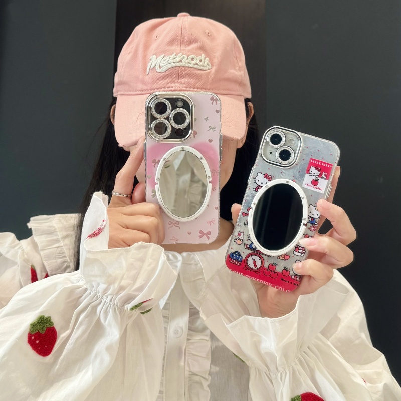 可爱少女kt猫锡纸适用16苹果17promax手机壳镜子iphone15粉色爱心蝴蝶结羽纱14/13闪粉镜头全包软硅胶冰川纹-图2