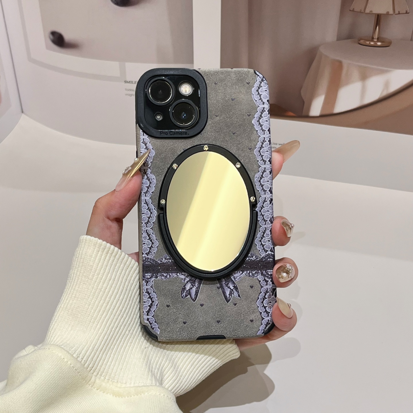 紫色大蝴蝶翻毛皮适用iphone17/16promax镜子手机壳皮质13/14苹果15pro花边蕾丝蝴蝶结保护壳灰色小羊皮全包-图2