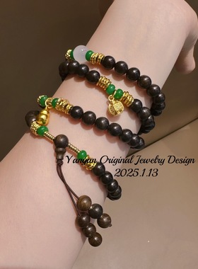 新中式设计檀木圆珠简约精致中长款项链毛衣链