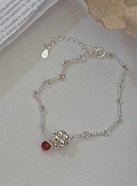 维银s925银花球红玛瑙手链设计感麻花链轻奢ins高级感女精致手饰