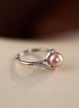 天然粉色淡水珍珠戒指小众高级感开口指环女小众锆石尾戒手饰批发