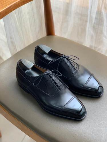 固伦方头男鞋正装皮鞋手工涂色三接头牛皮底固特异纯手工全真皮 - 图0