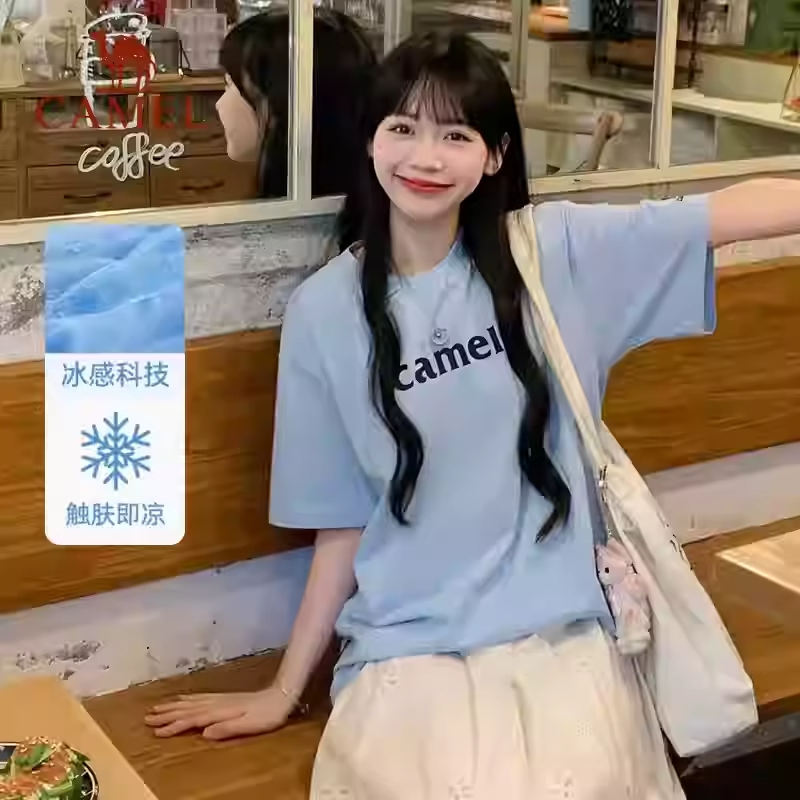 骆驼夏日T恤女冰感复古潮牌原创圆领休闲宽松白色上衣运动短袖t男,淘宝优惠券,粉丝福利购,淘宝优惠卷