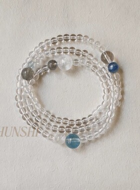 春莳·原创「雪山琉璃」清冷感！天然白水晶海蓝宝灰月光多圈手链