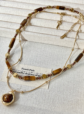 气质双层叠戴秋冬美拉德串珠虎眼石款吊坠项链复古气质网红毛衣链