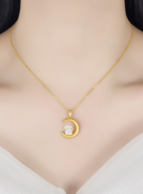 国风仿和田玉月亮兔子吊坠 时尚气质ins风玉兔女小众锁骨链项坠