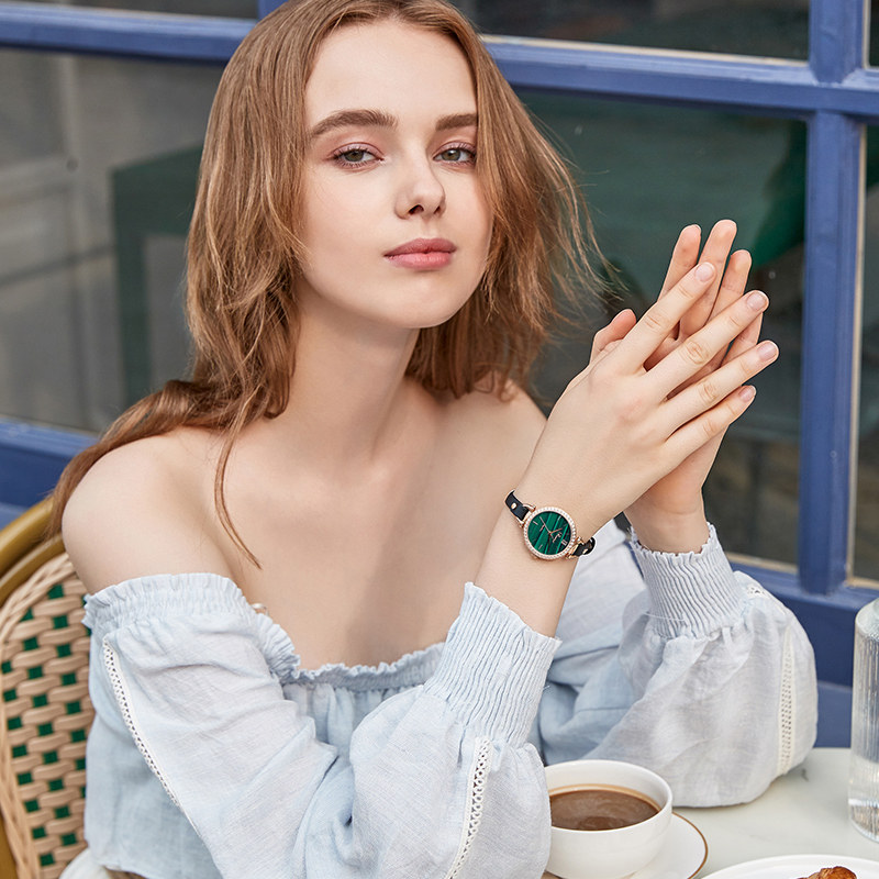 罗西尼手表女石英表正品防水皮带小绿表女士表519898