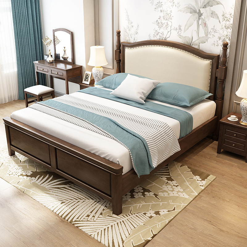 乡村美式实木床1.8m双人床现代简约婚床主卧室家具复古简美软包床